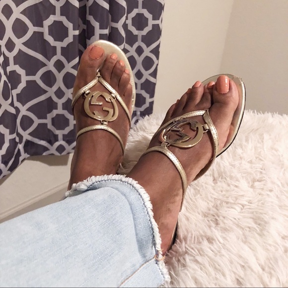 Gucci Shoes - Gucci Gold Logo Mettalic Leather Sandals!